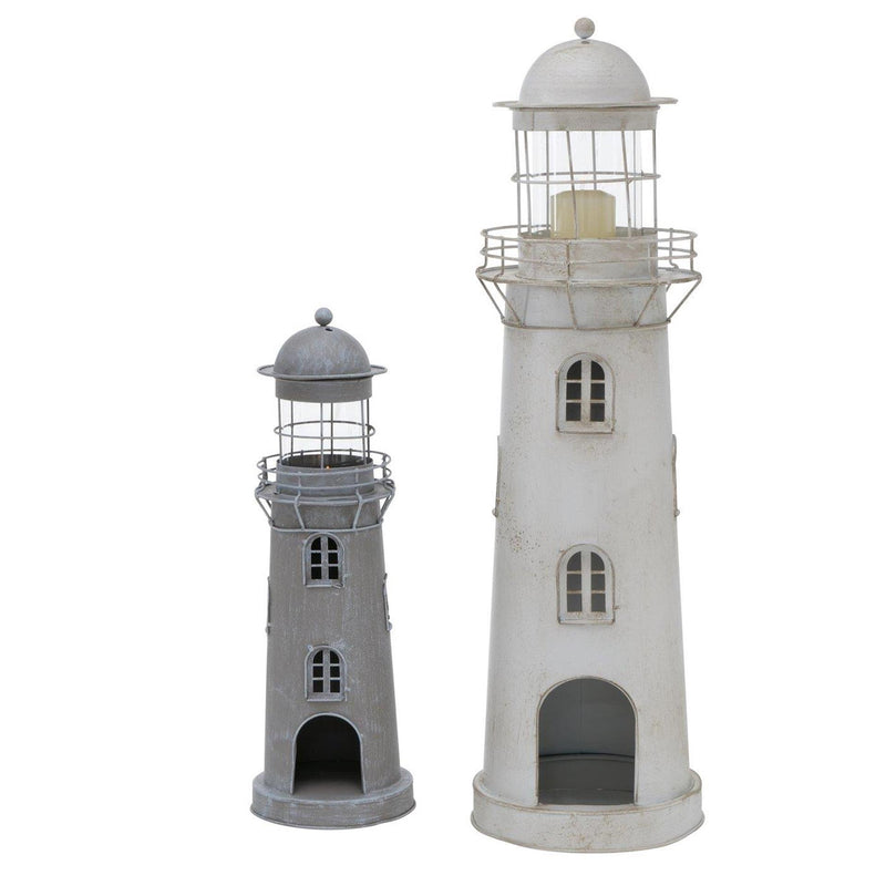 Afbeelding laden in galerijviewer, Boltze home lantaarn vuurtoren grijs-wit glas metaal set 2-delig h54-75cm