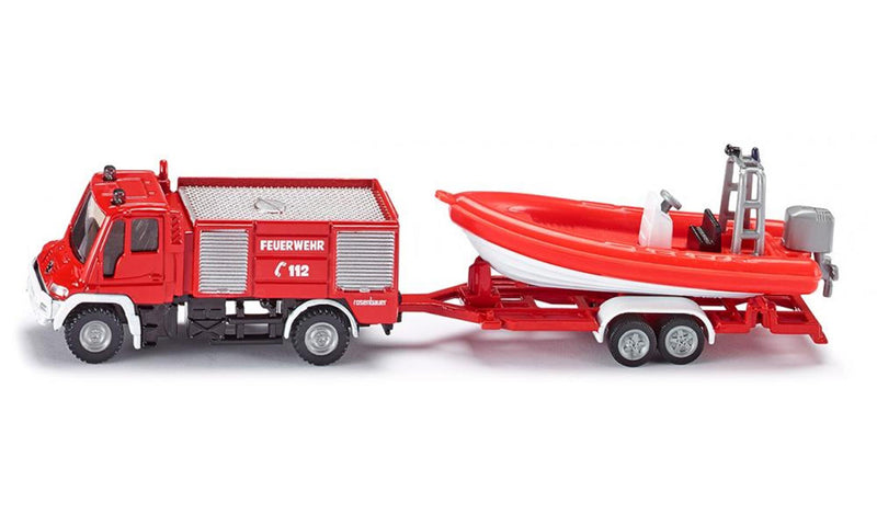 Afbeelding laden in galerijviewer, Siku 1636, brandweer unimog met boot, 1:87, metaal kunststof, rood, drijvende boot