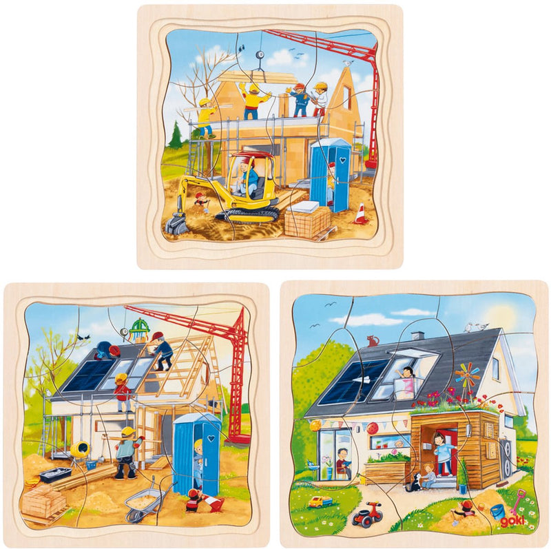 Afbeelding laden in galerijviewer, Goki houten 3-lagen puzzel - huis bouwen - 35st.