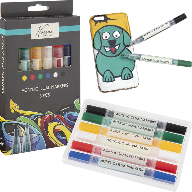Afbeelding laden in galerijviewer, Nassau fine art professionele acrylstiften | 6 verschillende kleuren | doppelmarkers | geschikt voor stenen - schoenen - glas - plastic - hout - kleding