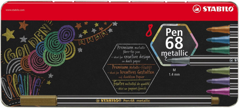 Afbeelding laden in galerijviewer, Stabilo pen 68 metallic viltstiften in metalen doos - 8dlg.