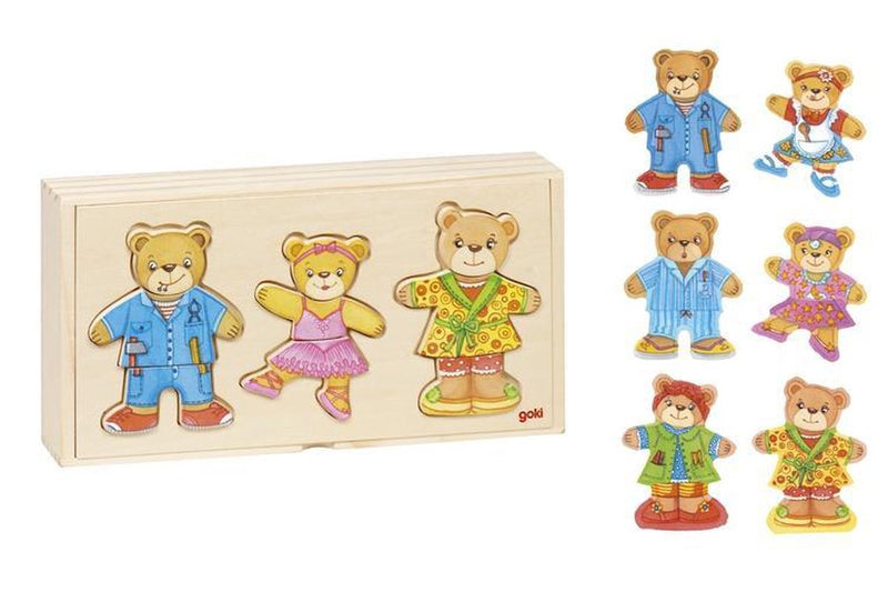 Afbeelding laden in galerijviewer, Goki houten aankleedpuzzel beren in houten box, 36st.