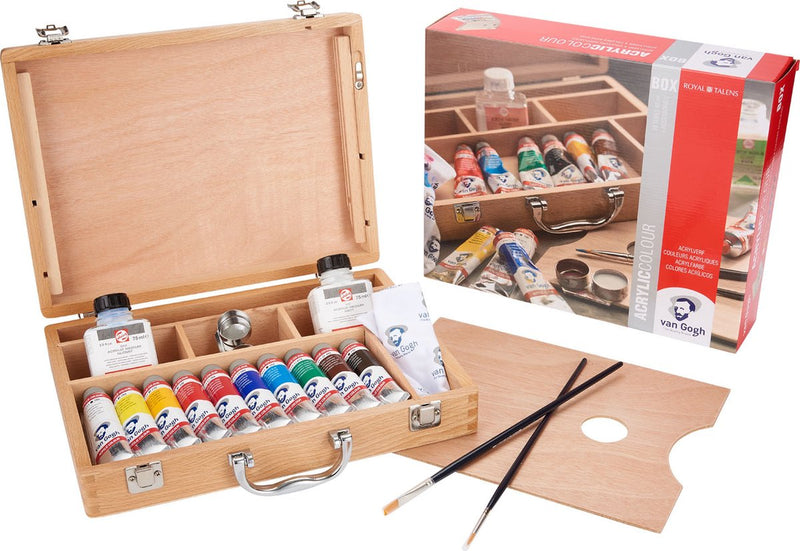 Afbeelding laden in galerijviewer, Van gogh acrylverf in kist basic met 10 kleuren in tubes van 40 ml + accessoires