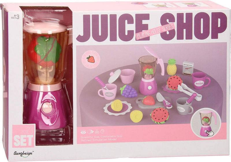 Afbeelding laden in galerijviewer, Juice shop speelgoed speelset met blender - kleurrijke kinderkeuken.