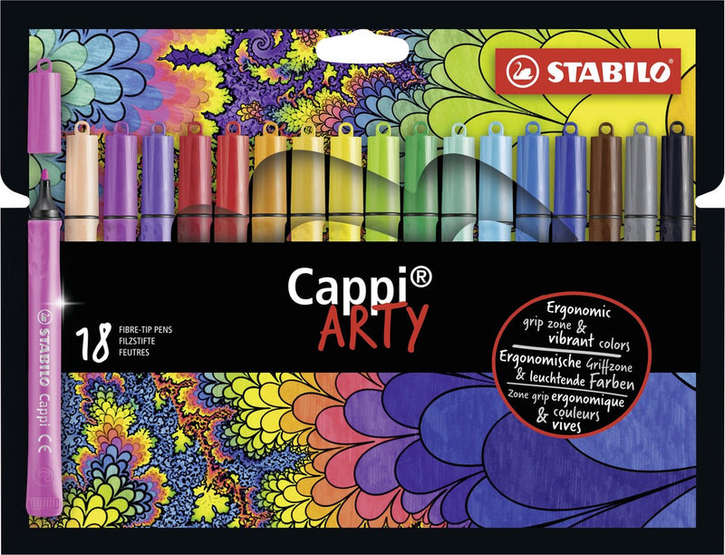 Afbeelding laden in galerijviewer, Stabilo cappi - viltstift - nooit meer je dop kwijt dankzij de dopring - arty etui met 18 kleuren