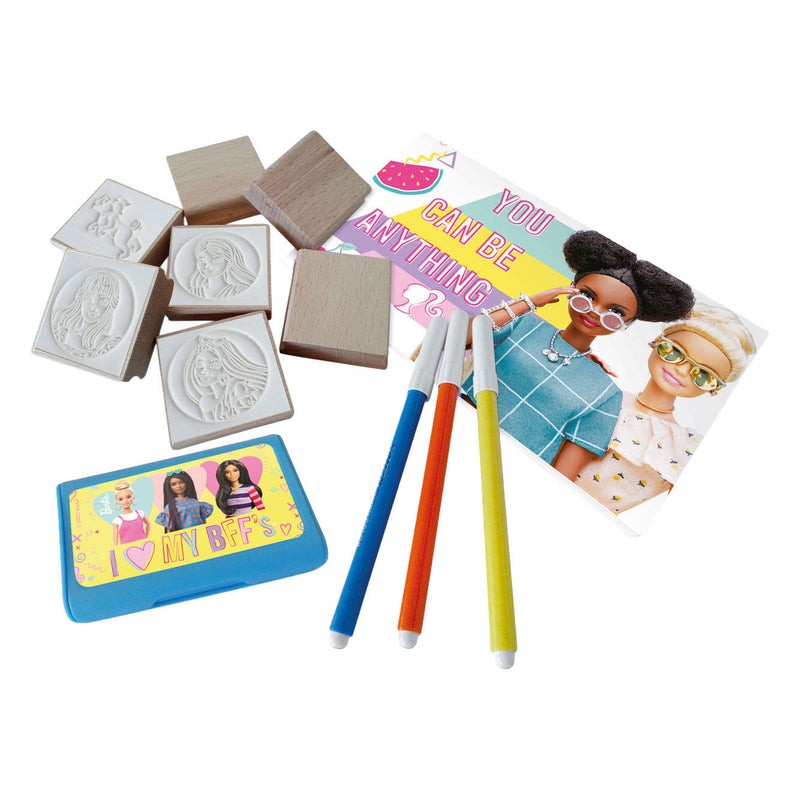Afbeelding laden in galerijviewer, Mattel houten stempels, notitieboekje en viltstiften barbie - 12dlg.
