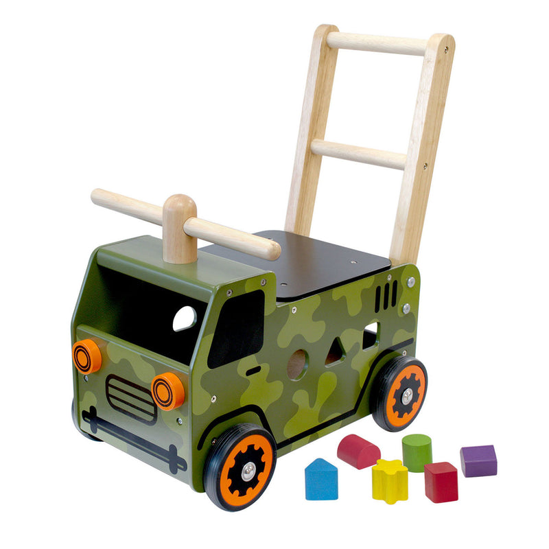 Afbeelding laden in galerijviewer, I'm toy loop- en duwwagen legertruck