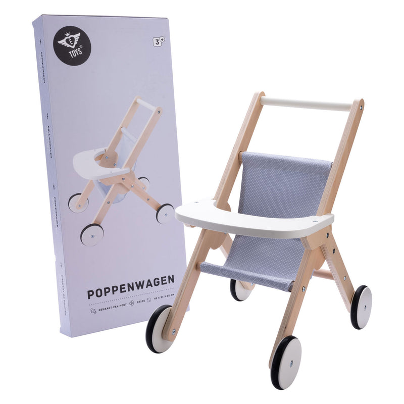 Afbeelding laden in galerijviewer, Houten poppenwandelwagen grijs blauw