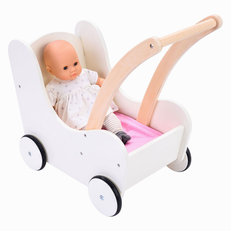 Afbeelding laden in galerijviewer, Engelhart poppen loopwagen roze wit – houten poppenwagen met matrasje, dekentje, kussentje opbergtas – geschikt voor alle poppen –