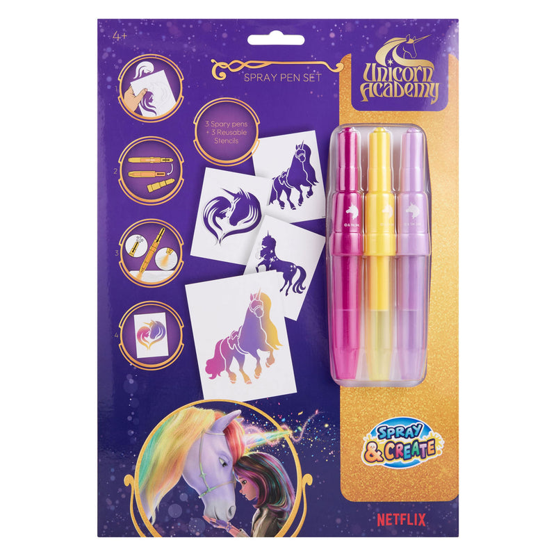 Afbeelding laden in galerijviewer, Canenco unicorn academy 3 blaaspennen met herbruikbare sjablonen
