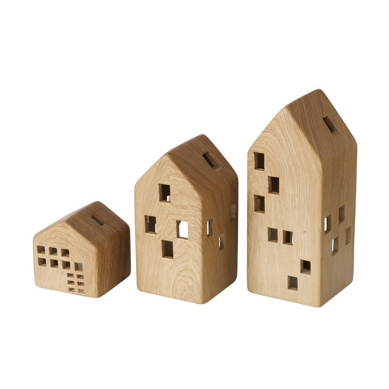 Afbeelding laden in galerijviewer, Boltze home theelichthouder huis hans 3-delig dolomiet h7,2-18,2cm b6,5-7,2cm hout-look bruin