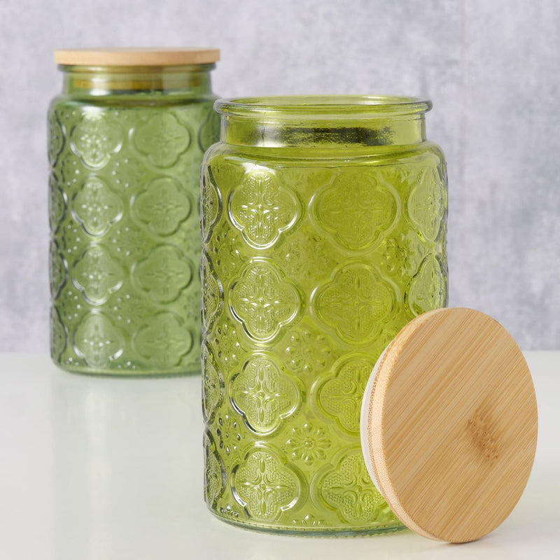 Afbeelding laden in galerijviewer, Boltze home voorraadpot imola 1000ml dia10x17cm glas gelakt met bamboe deksel groen