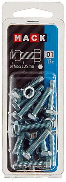 Afbeelding laden in galerijviewer, Mack 1017606 - tapbout + moer staal verzinkt 13 st m6 x 25 mm | 10 stuks