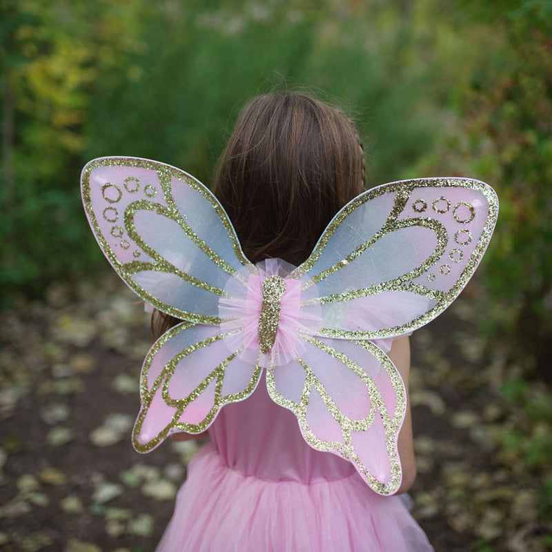 Afbeelding laden in galerijviewer, Great pretenders verkleedjurk vlinder goud met vleugels, 5-7 jaar