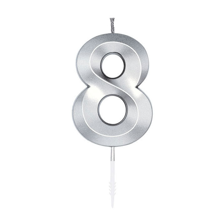Afbeelding laden in galerijviewer, Globos taartkaars 6cm metallic zilver no.8
