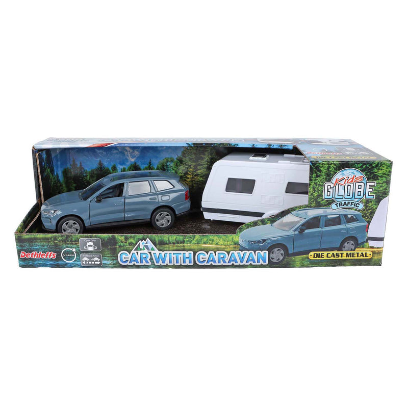 Afbeelding laden in galerijviewer, Kids globe volvo ex90 met dethleffs caravan die cast pull back 30cm