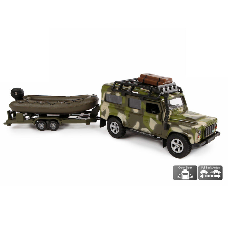 Afbeelding laden in galerijviewer, Kids Globe Globe Die-cast Land Rover met Aanhanger en Boot Leger