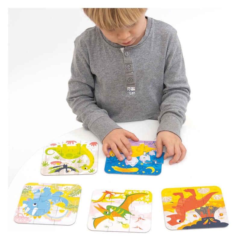 Afbeelding laden in galerijviewer, Banana panda on-the-go puzzel dinosaurussen 3+ - vijf puzzels van 9 stukjes - leuk dino puzzel speelgoed.
