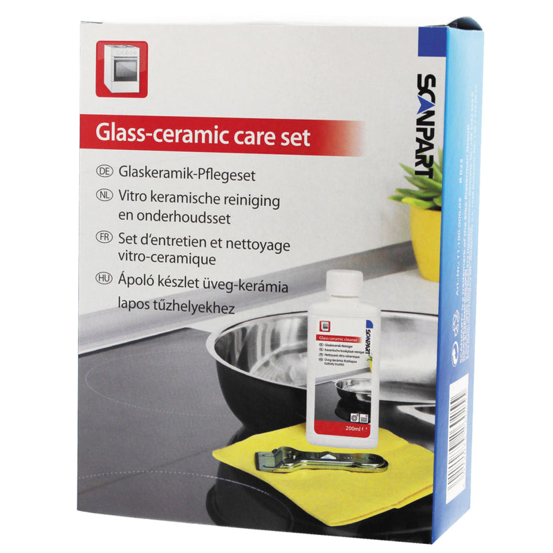 Afbeelding laden in galerijviewer, Scanpart kookplaat onderhoudsset - voor alle glazen kookplaten - zoals keramische inductie en halogeen kookplaten - inclusief reiniger 200 ml - schraper en doekje