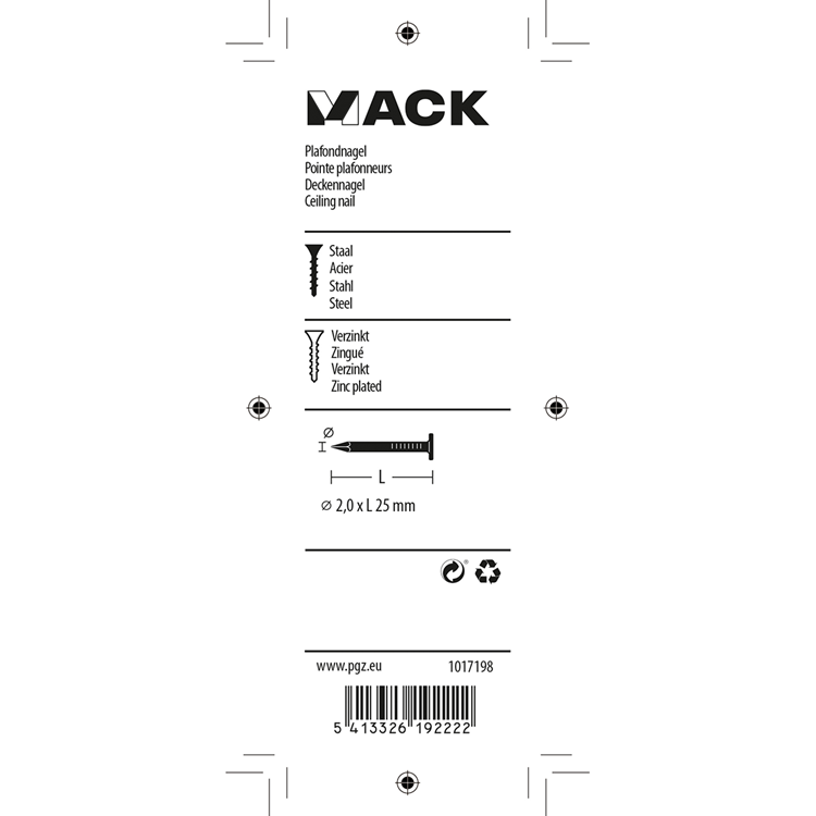 Afbeelding laden in galerijviewer, Mack 1017198 - plafondnagel staal verzinkt 90 gr 2,0 x 25 mm | 5 stuks
