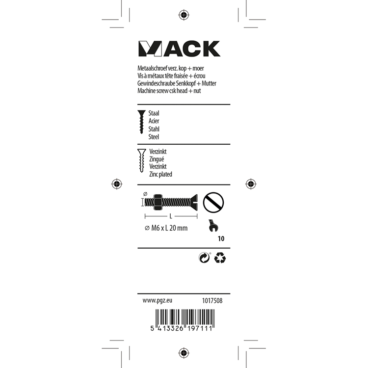 Afbeelding laden in galerijviewer, Mack 1017508 - metaalschroef verz. kop + moer verz. 10st m6 x 20 mm | 10 stuks