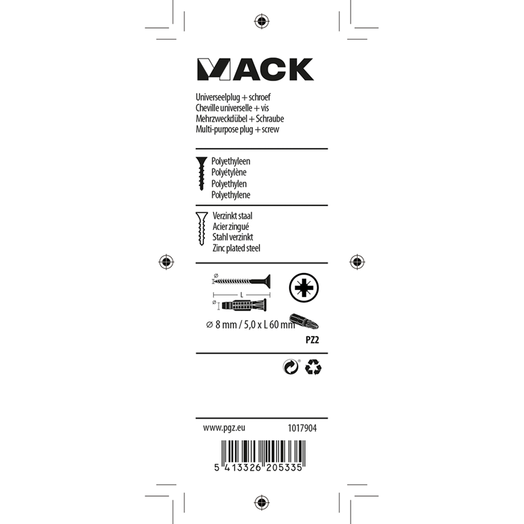 Afbeelding laden in galerijviewer, Mack 1017904 - universeelplug + schroef polyeth8 st 8mm 5,0x60mm | 5 stuks