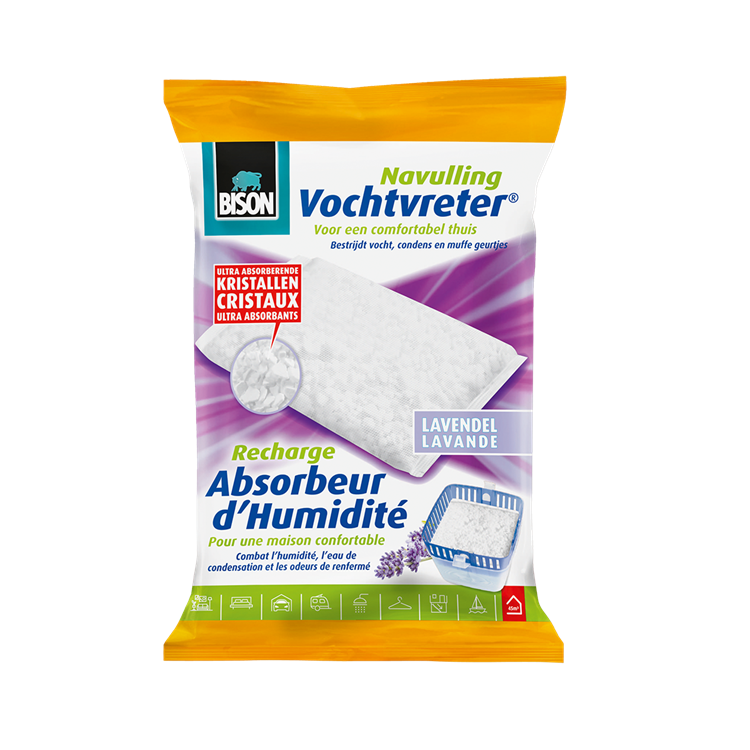 Afbeelding laden in galerijviewer, Bison vochtvreter® navulzak lavendel 450 g, lavendelgeur, geschikt voor vochtvreter®, bestrijd hoge luchtvochtigheid, geen batterij nodig, ook geschikt voor caravans en campers