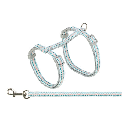 Afbeelding laden in galerijviewer, Trixie kattentuigje met riem retro motief grijs blauw