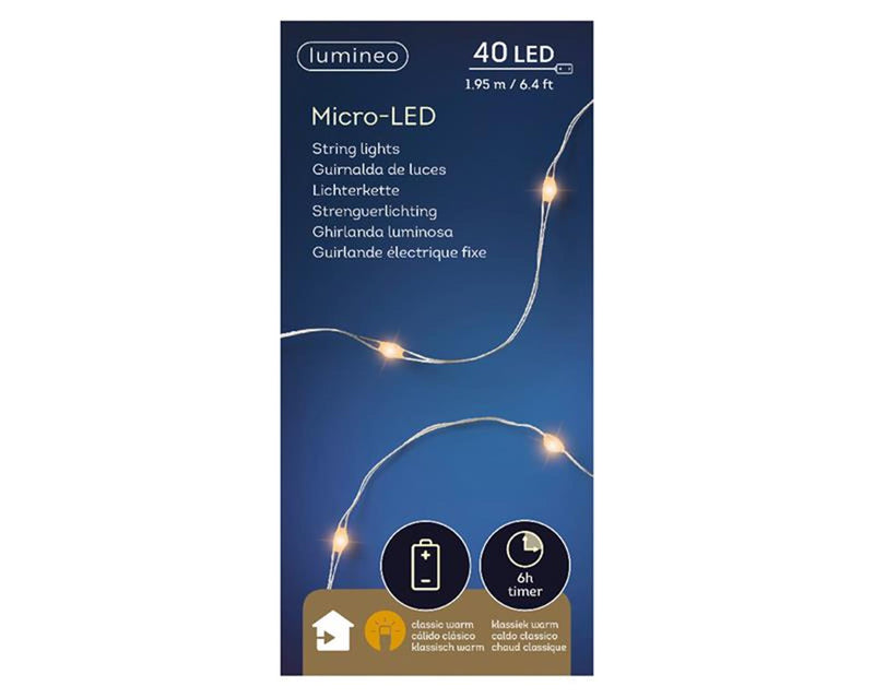 Afbeelding laden in galerijviewer, Lumineo micro led streng lichtsnoer zilver klassiek warm 195cm-40l op batterij