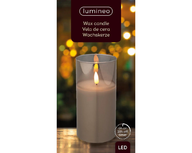 Afbeelding laden in galerijviewer, Lumineo led kaars in glas voor binnen met vlameffect en timer dia7,5x15cm rook grijs