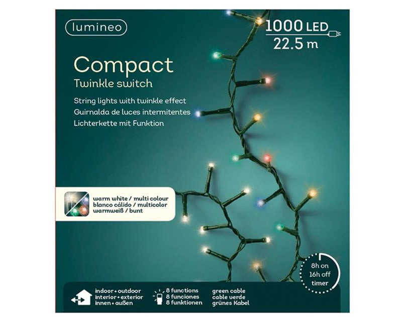 Afbeelding laden in galerijviewer, Lumineo led compact lights twinkel 1000l 2250cm colour changing. 8 functie twinkel effect en 8 uur timer