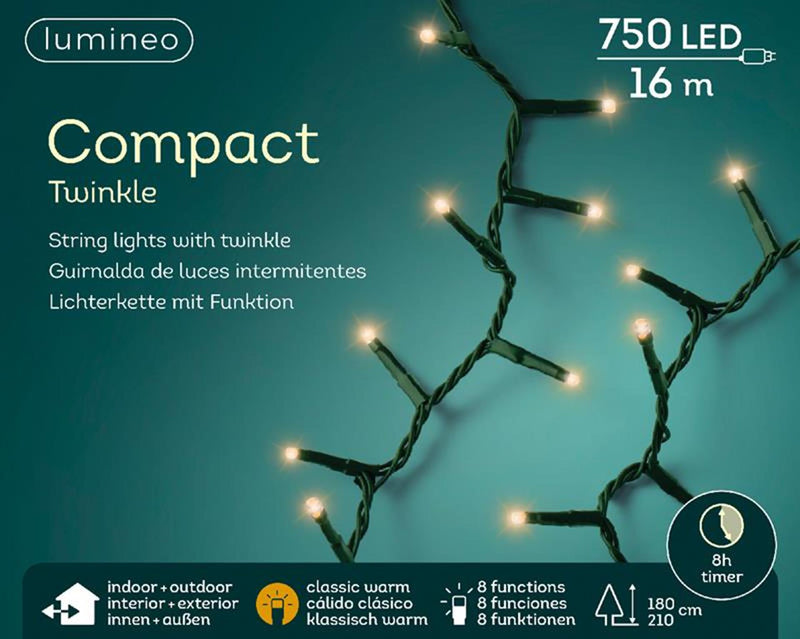 Afbeelding laden in galerijviewer, Lumineo led compact lights twinkel effect 750l 16m, 8 functie twinkel effect, 8uur timer- voor binnen en buiten