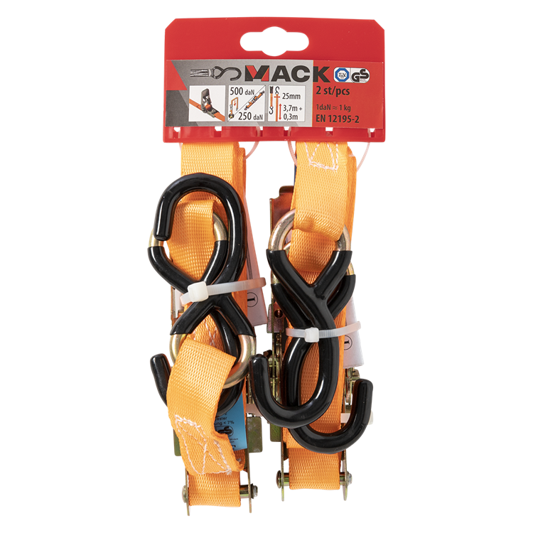 Afbeelding laden in galerijviewer, Mack 1072108 - 2 spangordels pe, ratelspanner25mm-4m max 500kg 2d,2 s haken | 5 stuks