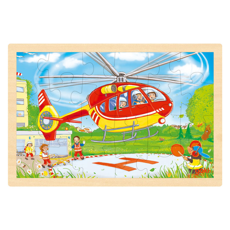 Afbeelding laden in galerijviewer, Goki houten legpuzzel - heli en brandweerwagen - 24st.
