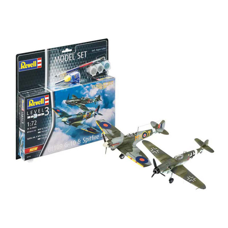 Afbeelding laden in galerijviewer, Revell modelbouwpakket - combat set bf109g-10 spitfire mk.v 1:72 - 76dlg. - incl. aqua color basiskleuren verf