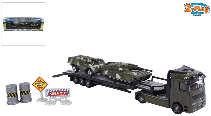 Afbeelding laden in galerijviewer, 2-play military transporter met 2 tanks die-cast kunststof 24cm
