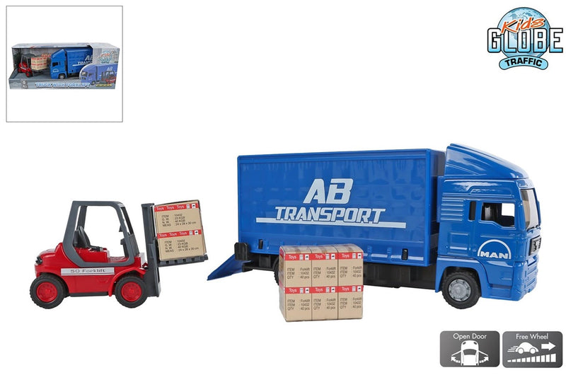 Afbeelding laden in galerijviewer, Man kids globe vrachtwagen met vorkheftruck. 17cm
