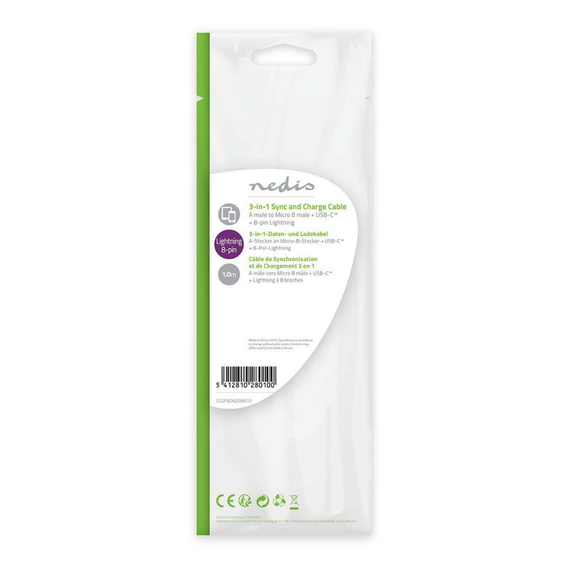 Afbeelding laden in galerijviewer, Nedis ccgp60620bk10 3-in-1 sync and charge-kabel usb-a male - micro b male type-c male apple lightning 8-pins male 1,0 m zwart