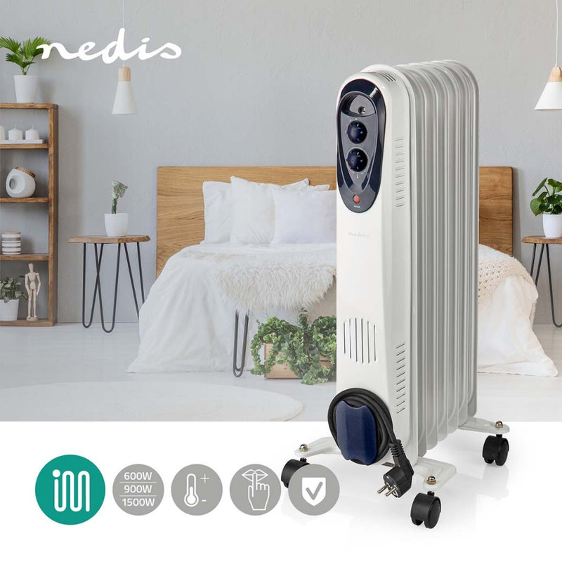 Afbeelding laden in galerijviewer, Nedis htoi30wt7 mobiele olieradiator 600 900 1500 w 7 vinnen instelbare thermostaat 3 warmte standen omvalpreventie wit