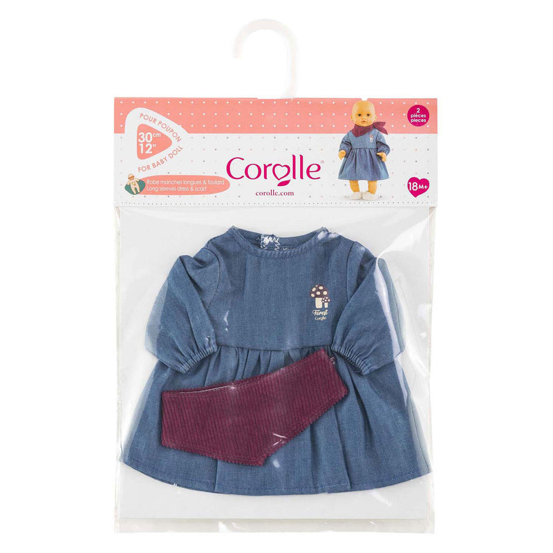 Afbeelding laden in galerijviewer, Corolle jeans jurk met sjaal kleine ontdekker - 30cm