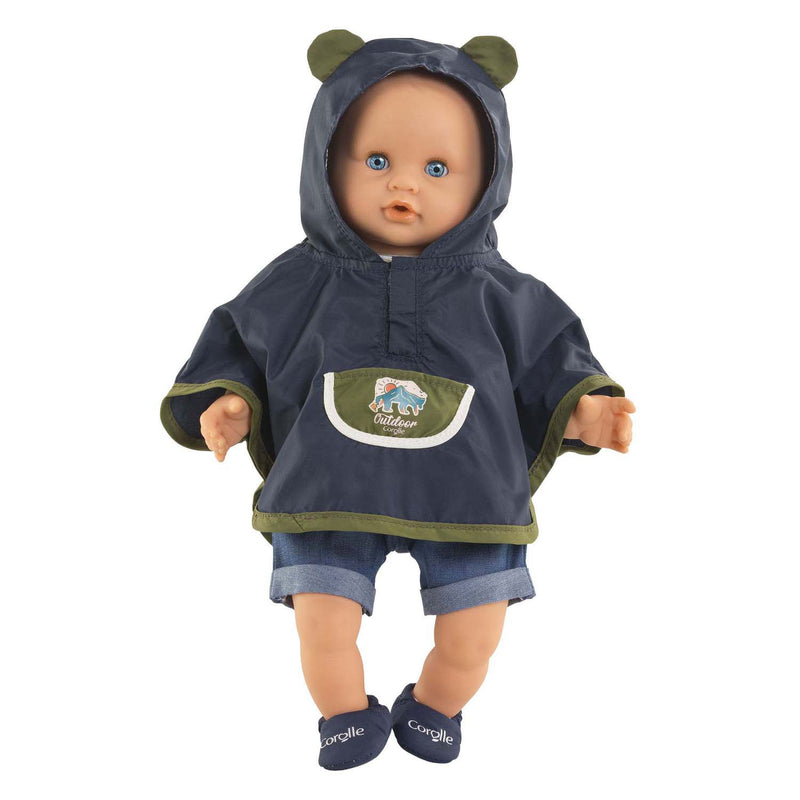 Afbeelding laden in galerijviewer, Corolle regenponcho poppenkostuum kleine ontdekker 30cm blauw.