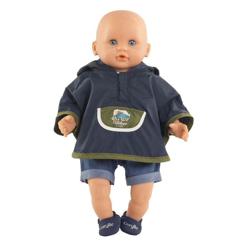 Afbeelding laden in galerijviewer, Corolle regenponcho poppenkostuum kleine ontdekker 30cm blauw.