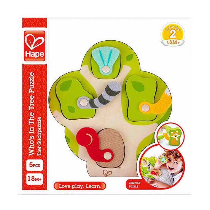 Afbeelding laden in galerijviewer, Hape wie zit er in de boom vormenpuzzel - 5dlg.
