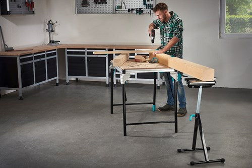Afbeelding laden in galerijviewer, Wolfcraft - opvouwbare zaagbok - schraag - onderstel afkortzaag - 50 kg 63-100 cm - universele rolbok - 6102300 - 10 jaar garantie