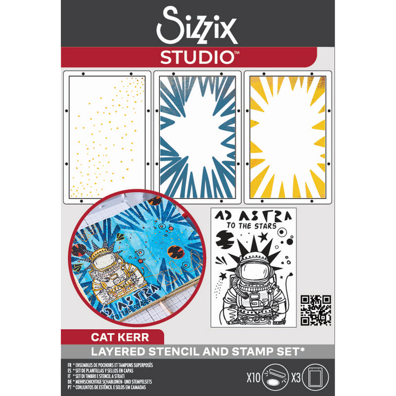 Afbeelding laden in galerijviewer, Sizzix • studio clear stamps set 10pcs 3pcs stencils ad astra by cat kerr