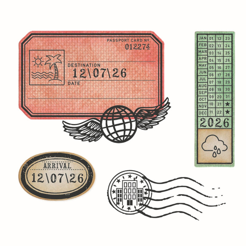 Afbeelding laden in galerijviewer, Sizzix • clear stamps set 62pcs 4pcs framelits globetrotter’s mark by 49 market