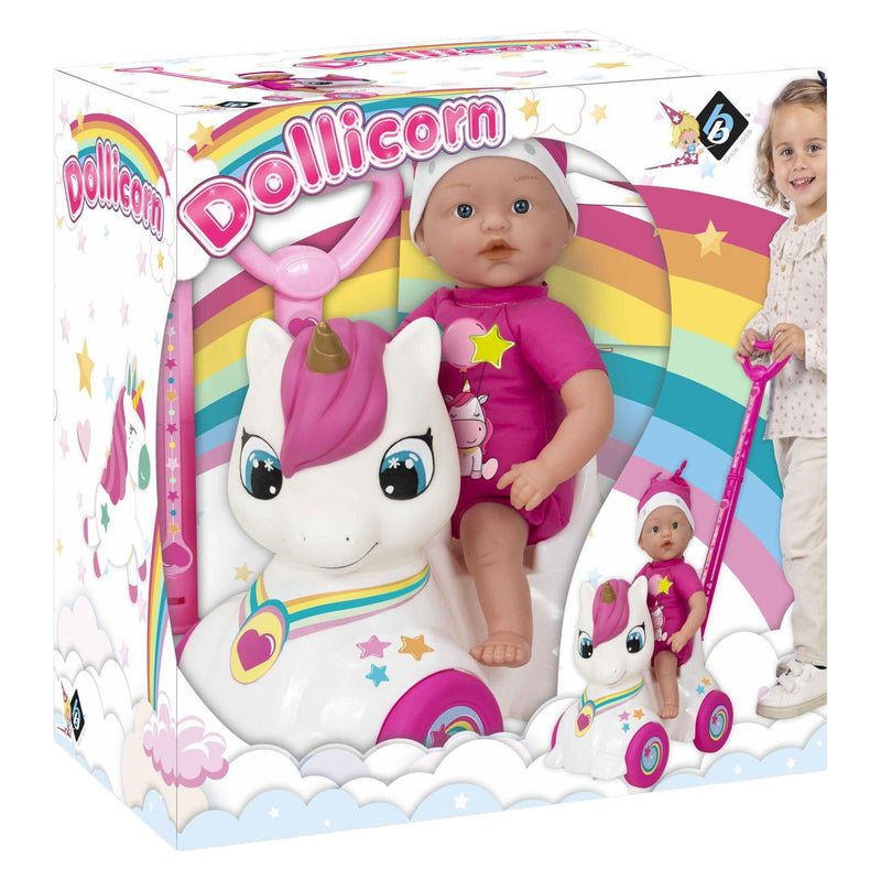 Afbeelding laden in galerijviewer, Dollicorn babypop met eeenhoorn loopauto - 37cm