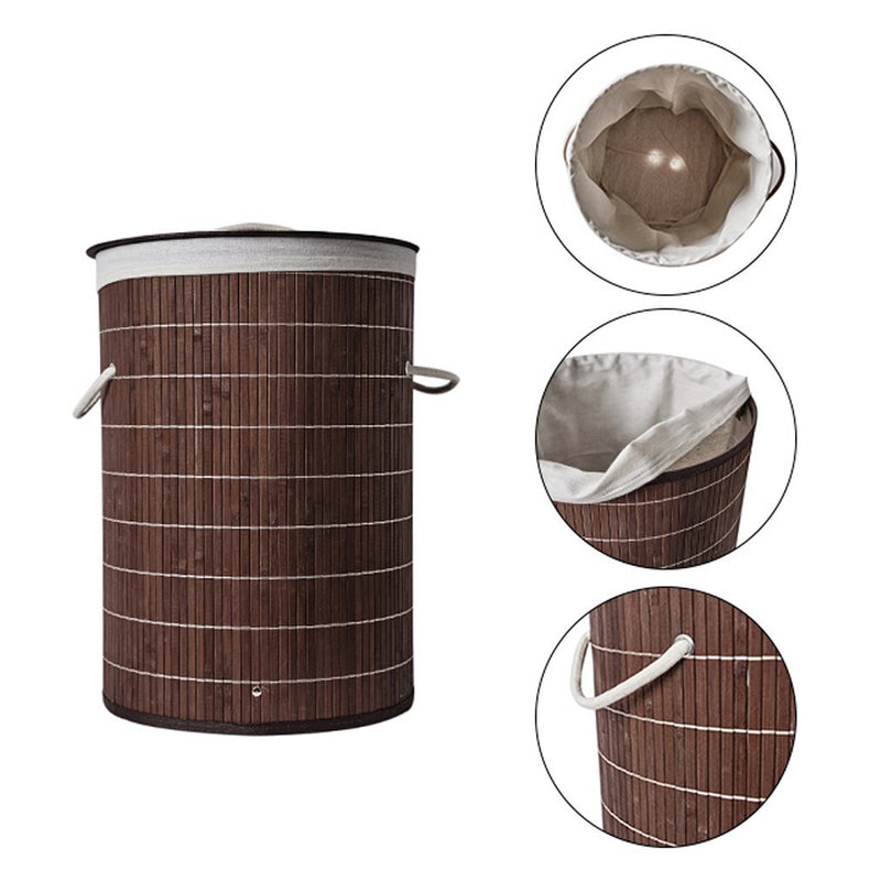 Afbeelding laden in galerijviewer, Homestyle pro ronde opvouwbare bamboe wasmand 35x50 cm bruin wit