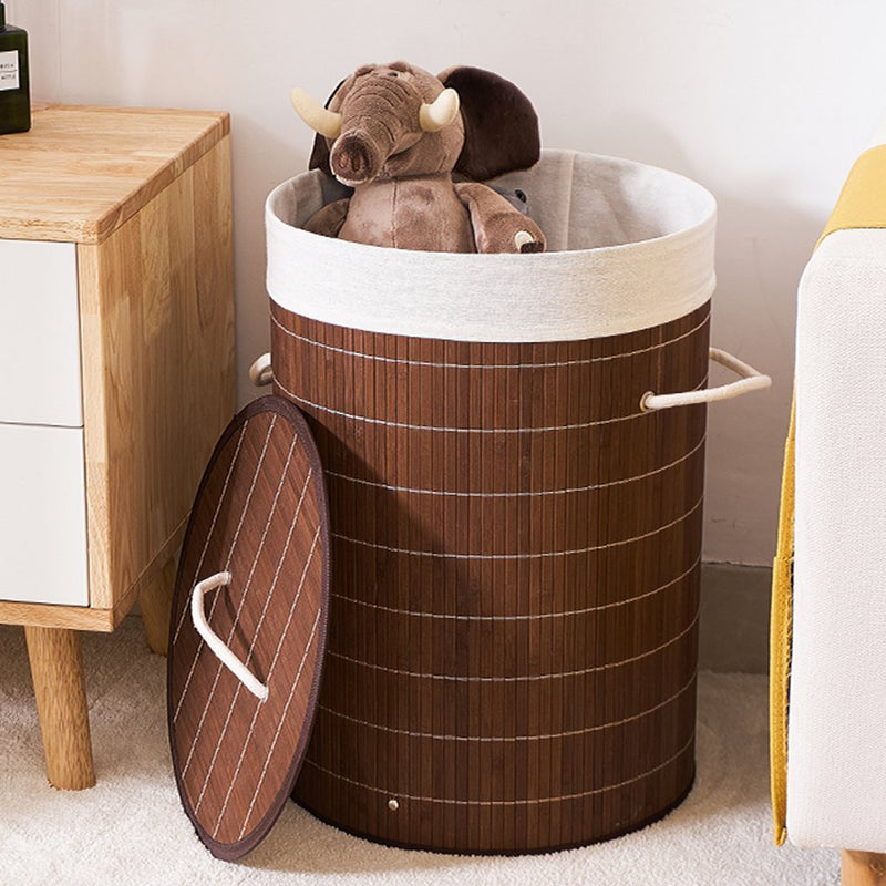 Afbeelding laden in galerijviewer, Homestyle pro ronde opvouwbare bamboe wasmand 35x50 cm bruin wit