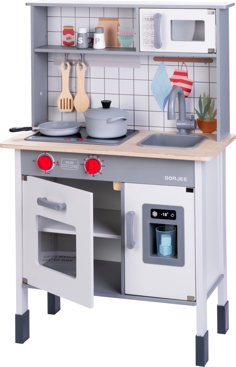 Afbeelding laden in galerijviewer, Dorjee houten speelkeuken – complete kinderkeuken met accessoires – oven, magnetron koelkast – inclusief pannen, spatels ijsmachine – kinderspel fantasiespel –